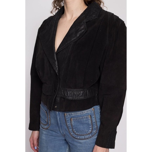 80s Black Leather Cropped Moto Jacket - Medium | Vintage Oversized Suede Coat - Picture 6 of 10